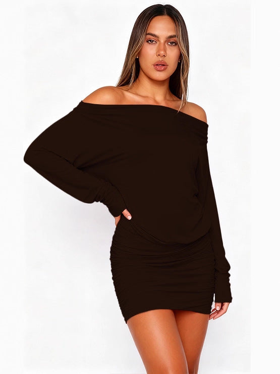 Gentle Slanted Shoulder Long-Sleeved Sexy Slimming Look Sexy Hip-Hugging Dress