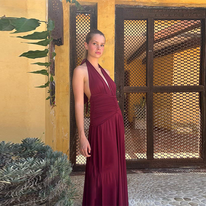 Elegant Halter Neck Pleated Dress