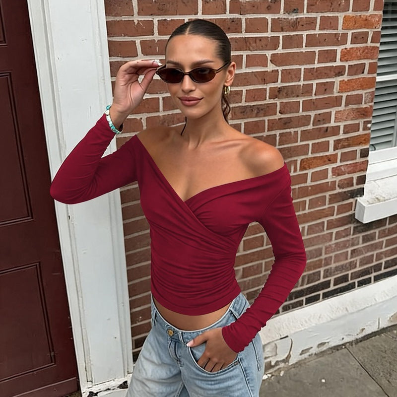 Womens Deep V-neck Off-shoulder Slim-fit T-shirt
