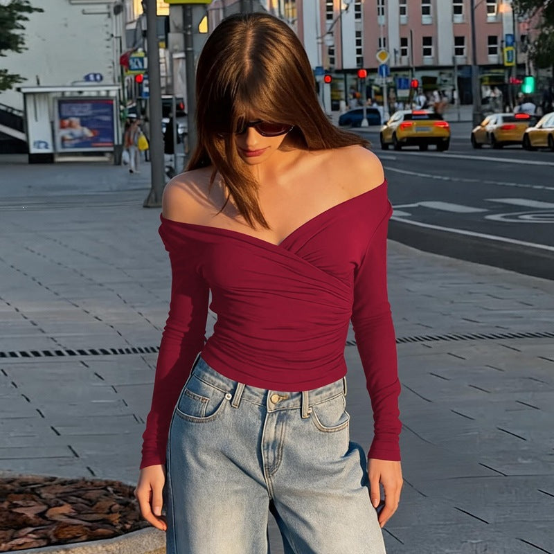 Womens Deep V-neck Off-shoulder Slim-fit T-shirt