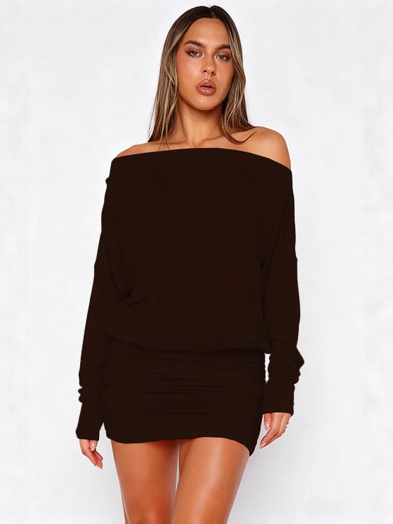 Gentle Slanted Shoulder Long-Sleeved Sexy Slimming Look Sexy Hip-Hugging Dress