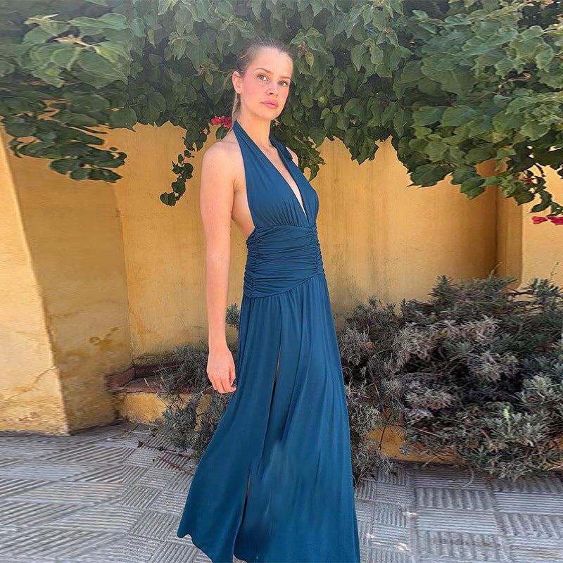 Elegant Halter Neck Pleated Dress