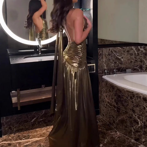 Elegant Halter Neck Pleated Dress