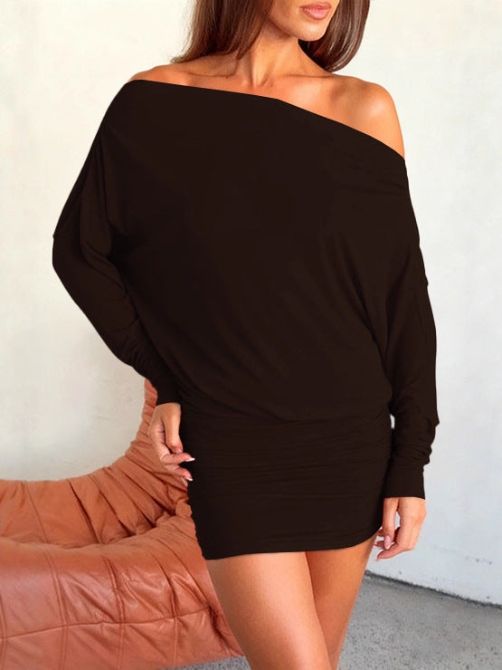 Gentle Slanted Shoulder Long-Sleeved Sexy Slimming Look Sexy Hip-Hugging Dress